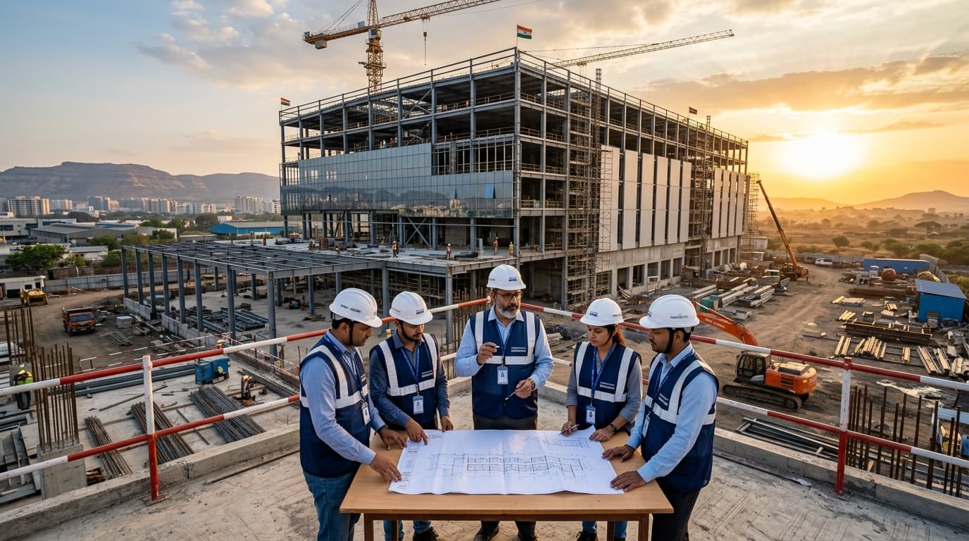 Panchsutra Consultants team reviewing project blueprints at a construction site in Maharashtra