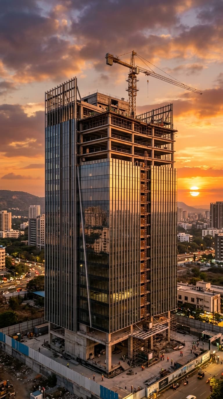 Modern commercial construction project in Maharashtra at sunset