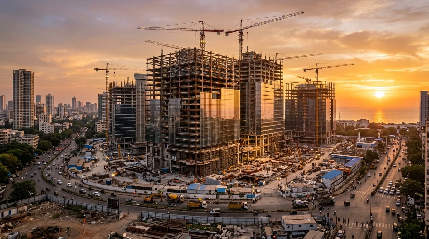 Modern commercial construction project in Maharashtra at sunset